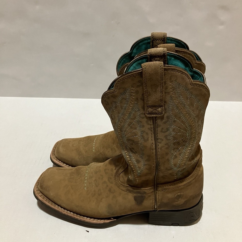 Ariat Western Leather Boots Leopard Print Teal Accents Size 4 NO INSOLESโ